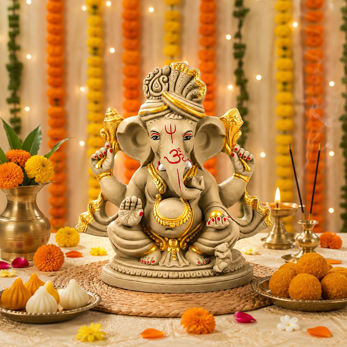 TIED RIBBONS 100% Eco Friendly Clay Mitti Ganesha Idol Statue - (Large, 12 Inch) Murti for Ganpati Visarjan Pooja Room Handcrafted Decoration Items for Ganesh Chaturthi Home Décor Table Gifting Item
