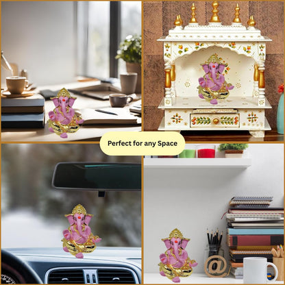 Gold Art India Gold Plated Gaddi Ganesh Idol for Car Dashboard Ganesha Murti Ganpati Idol for Home Decor Puja Lord Ganesh Statue Gift for Office Desk Puja Room Figurine Gold Pink