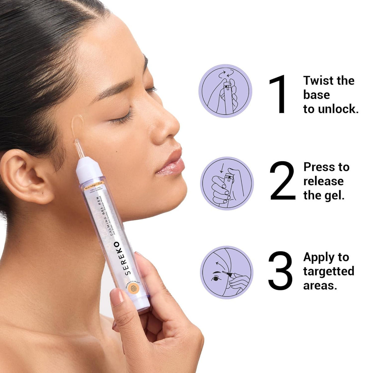 Woman applying a skincare product with step-by-step instructions displayed.