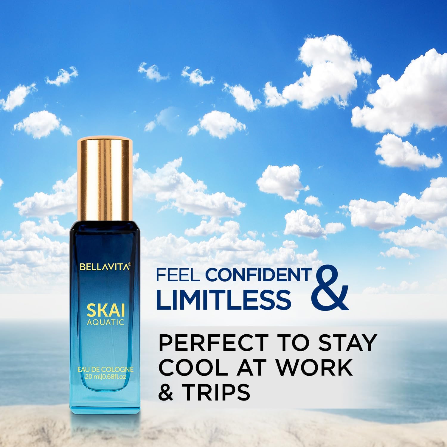 Bellavita Skai Aquatic cologne bottle with a beach and sky background