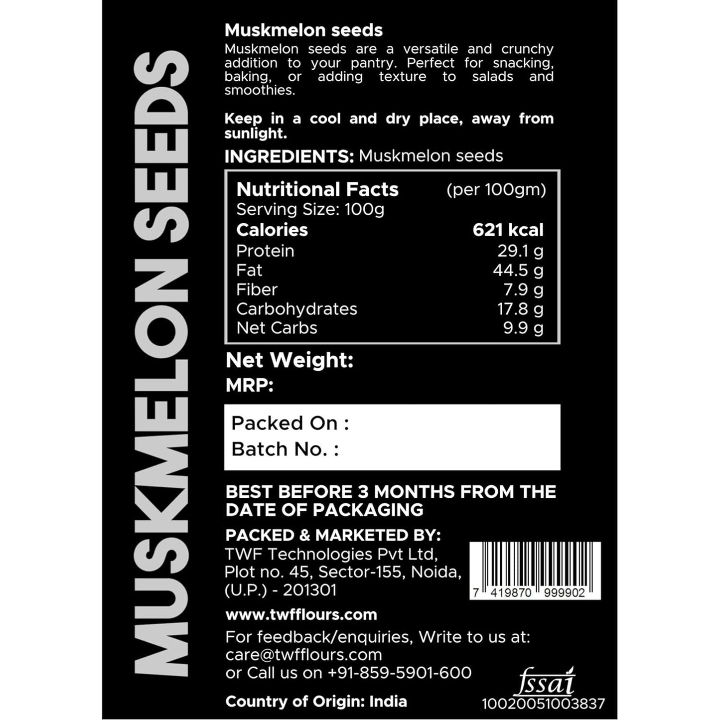 TWF Virgin Muskmelon Seeds | AAA Grade Seeds for Eating | 100% Natural | Kharbooja Magaj | Peeled | Gluten Free | Perfect for Snacking & Cooking | Resealable Pack | Diet Snack | Unroasted | Unsalted | Highest Natural Potency