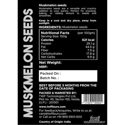 TWF Virgin Muskmelon Seeds | AAA Grade Seeds for Eating | 100% Natural | Kharbooja Magaj | Peeled | Gluten Free | Perfect for Snacking & Cooking | Resealable Pack | Diet Snack | Unroasted | Unsalted | Highest Natural Potency