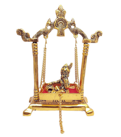 KridayKraft Laddu Gopal on Jhulla Palana Metal Statue Gold Plated Decor Your Home,Office Metal Krishna Murti,Showpiece Figurines,Religious Idol Gift Article.