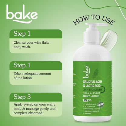 BAKE 10% AHA + 2% BHA Body Lotion SPF 30 PA+++ for Strawberry, Rough & Bumpy Skin | Lactic Acid & Niacinamide | 200ml
