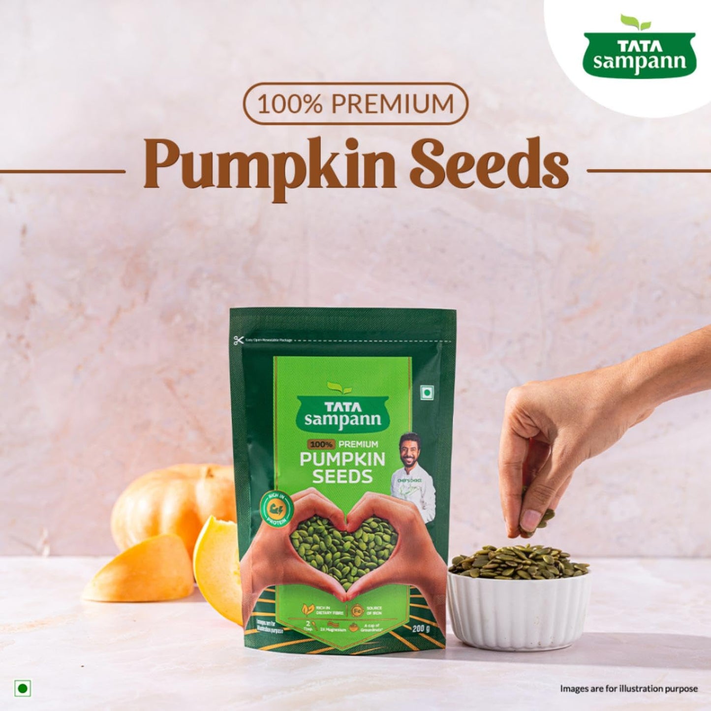 Tata Sampann Pumpkin Seeds, 200g, Rich in Protein, Dietary Fibre, Magnesium & Phosphorus, Raw & Unroasted Pumpkin Seeds, Source of Iron & Zinc, Handpicked Seeds, Resealable Pack