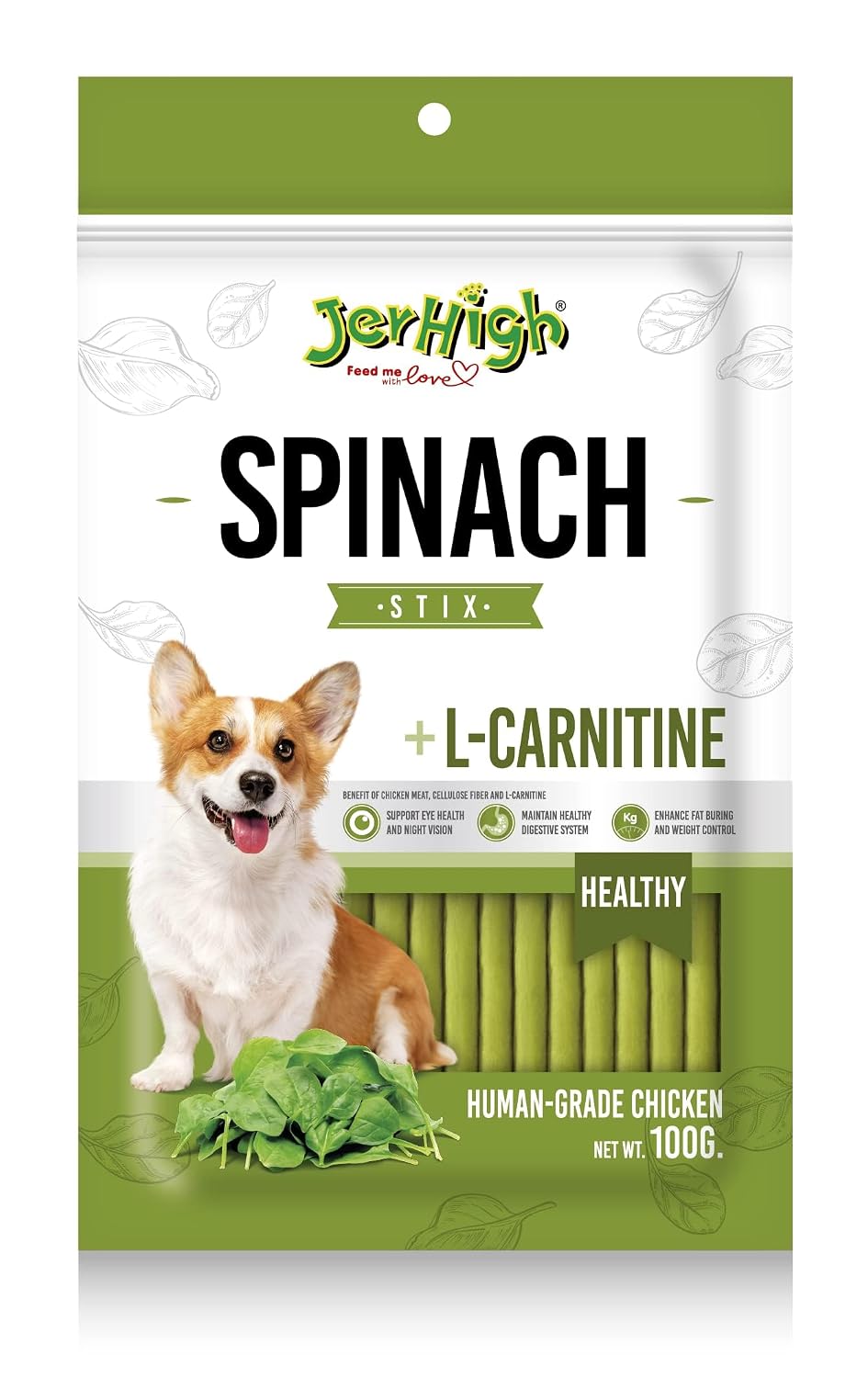 JerHigh Spinach Stick Adult Dog Treats with Real Chicken Meat - 100G Pack of 1