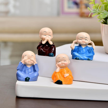 4 blissfull Meditating Monk for Home/Office/car décor | Wisdom Monks Figurine Set| Resin Decorative Statue | Zen Philosophy Decor - (Pack of 4)