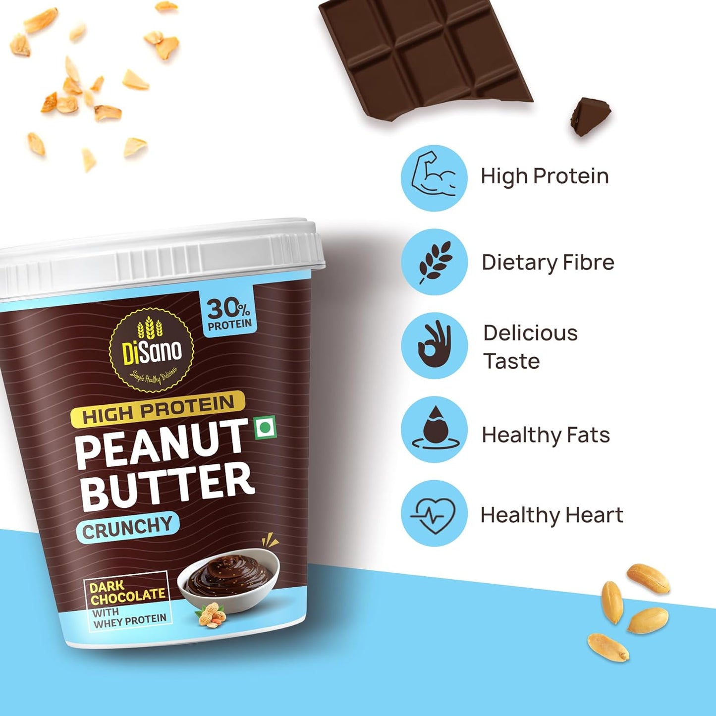 DiSano High Protein Dark Chocolate Peanut Butter with Whey Protein, Crunchy | 30g Protein. Gluten Free, Post & Pre Workout snack