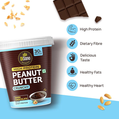 DiSano High Protein Dark Chocolate Peanut Butter with Whey Protein, Crunchy | 30g Protein. Gluten Free, Post & Pre Workout snack