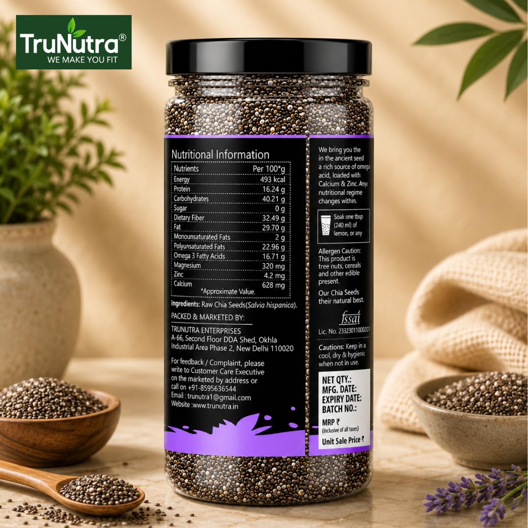TruNutra Chia Seeds 200g | Omega-3, Fiber & Protein Rich Superfood for Eating | Supports Digestion, Weight Management, Bone Strength & Energy | Vegan | Non-GMO