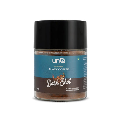 unQ Dark Shot Instant Black Coffee Powder | Strong Arabica Robusta Blend | Cafe Style Coffee | Quick Hot & Cold Mix | 25 Cups | No Additives