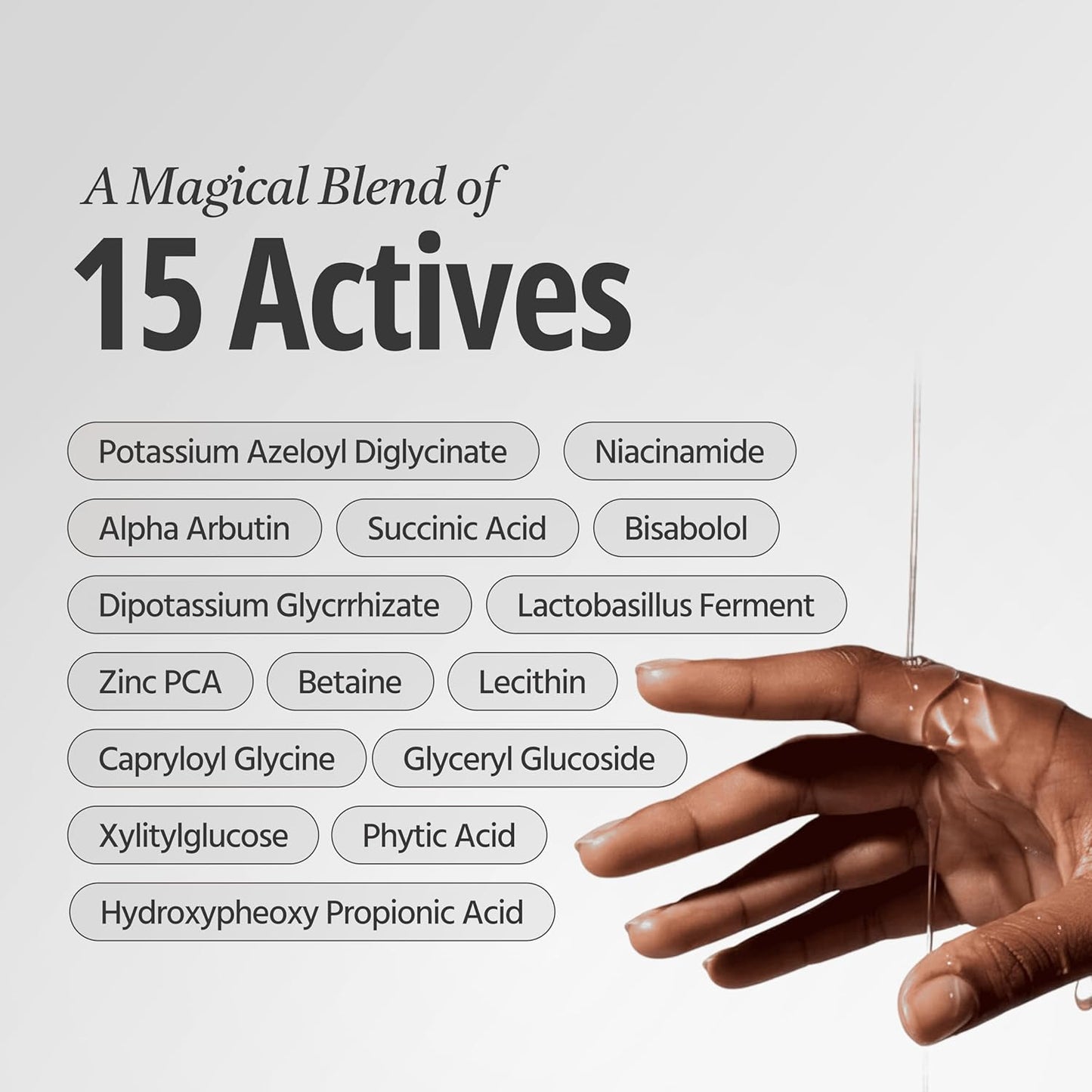List of 15 actives with a hand holding a dropper bottle on a light gray background
