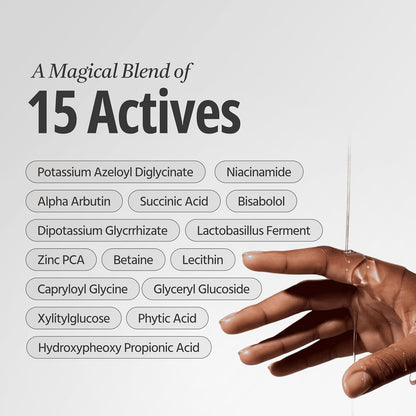List of 15 actives with a hand holding a dropper bottle on a light gray background