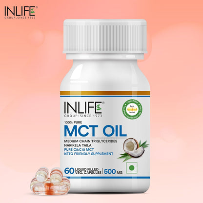 INLIFE Pure MCT Oil C8 C10 Keto Diet Friendly Advanced Products, Weight & Fat Management Food Supplement, 500mg - 60 Vegetarian Capsules (Pack of 1, 60, count)