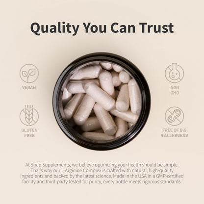 Supplement capsules in a container with branding and quality assurance information on a beige background