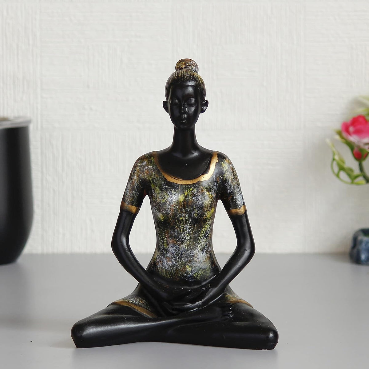 Grey Black Resin Woman in Padmasana Lotus Pose | Yoga Woman Statue Showpiece for Home Decor Living Room Bedroom Office Yoga Studio | Womens Day Gift for Ladies | Birthday Gift for Women