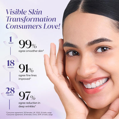 Advertisement for skin transformation product showing a woman's face with text about skin improvement percentages.