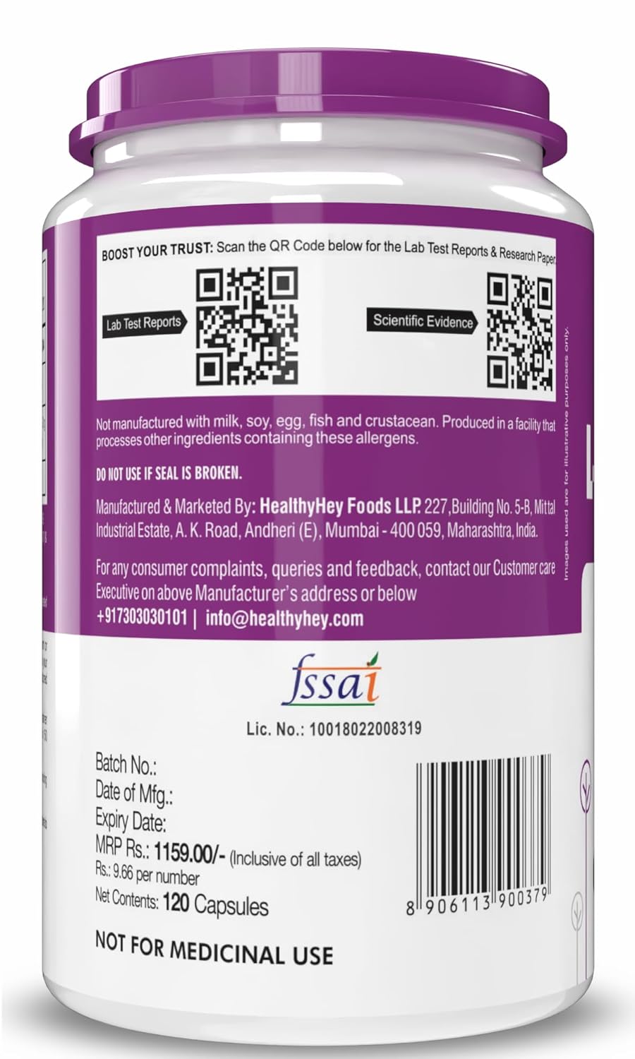 Supplement container with purple lid and label on a white background