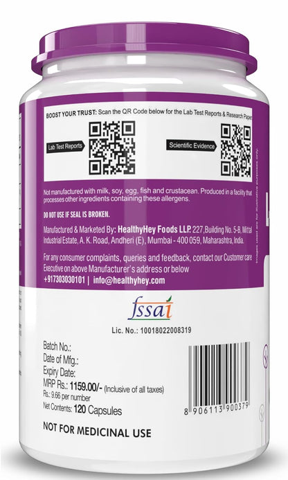 Supplement container with purple lid and label on a white background