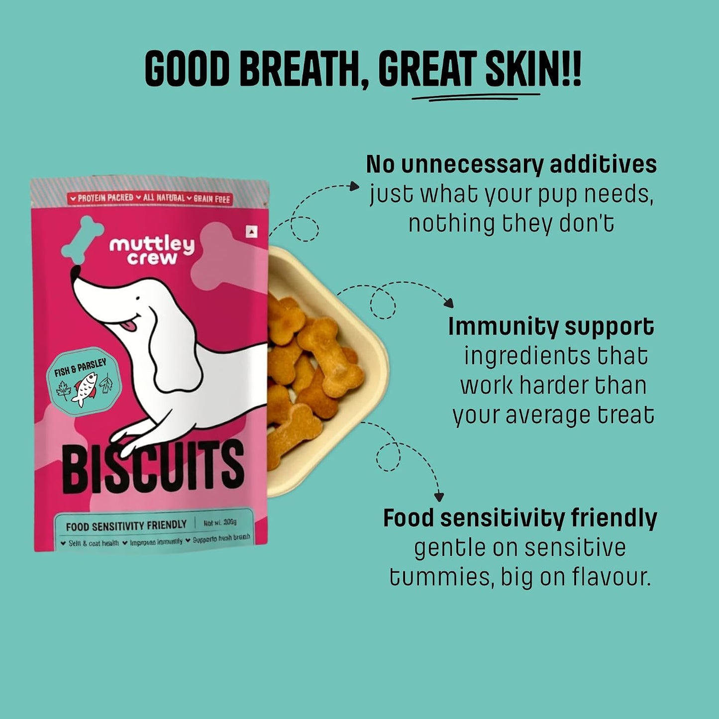 Muttley Crew Dog Biscuits with Real Fish & Parsley | Healthy Adult Dog Treats for Easy Digestion | All Natural | Grain-Free | Gluten-Free | No Artificial Preservatives | No Added Flavour (200g)