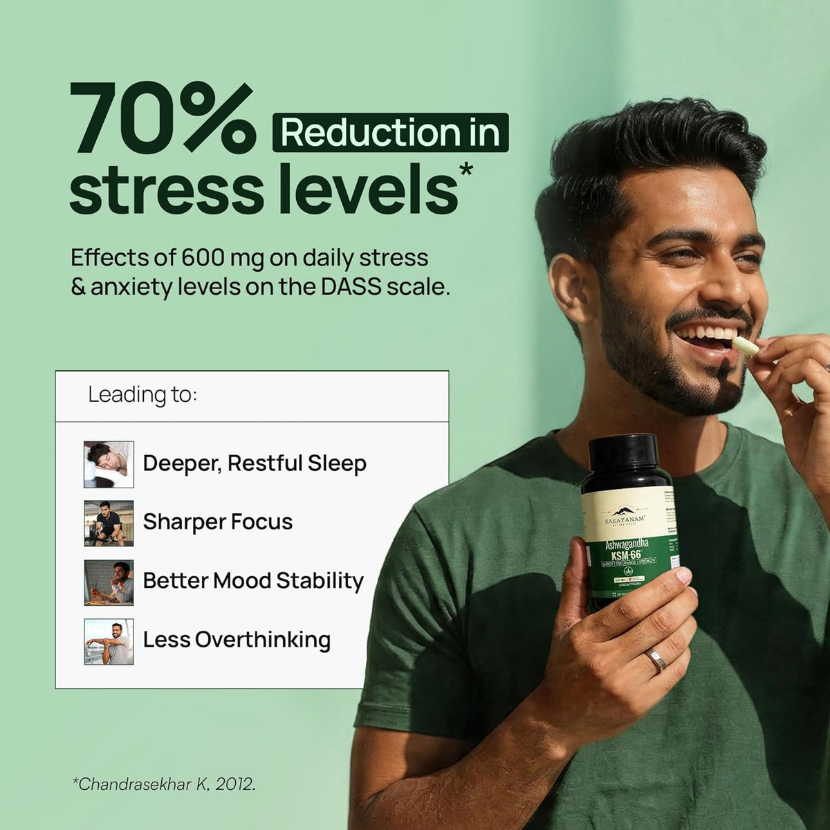 Man holding a supplement bottle with text about stress reduction and health benefits on a green background