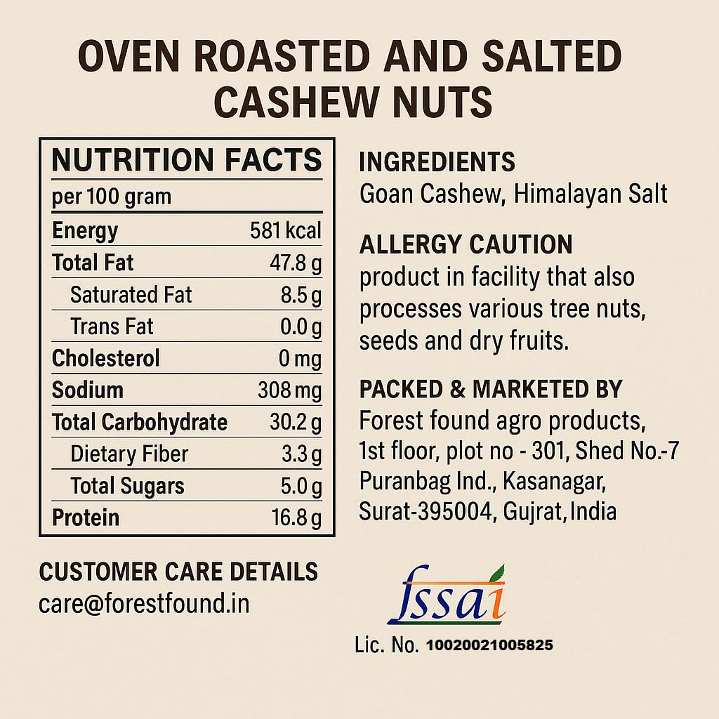 Forest Found Oven Roasted Cashews | Premium W320 Grade Whole Kaju Dry, Oil-Free & Low Sodium | Crunchy Healthy Vegan Snack - Gluten-Free | Cashew Nuts