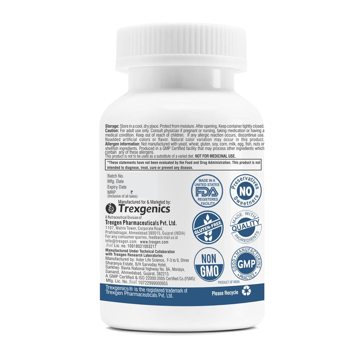 Supplement bottle with label and certification logos on a white background