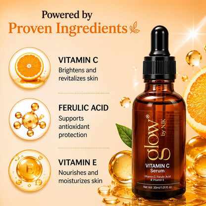 Glow by NJK Vitamin C Face Serum with Vitamin E for Glowing Skin 30ml, Vitamin E Care, Dark Spot Care, Uneven Tone Support, Radiant-Looking Skin, Lightweight Texture, Daily Skincare Routine