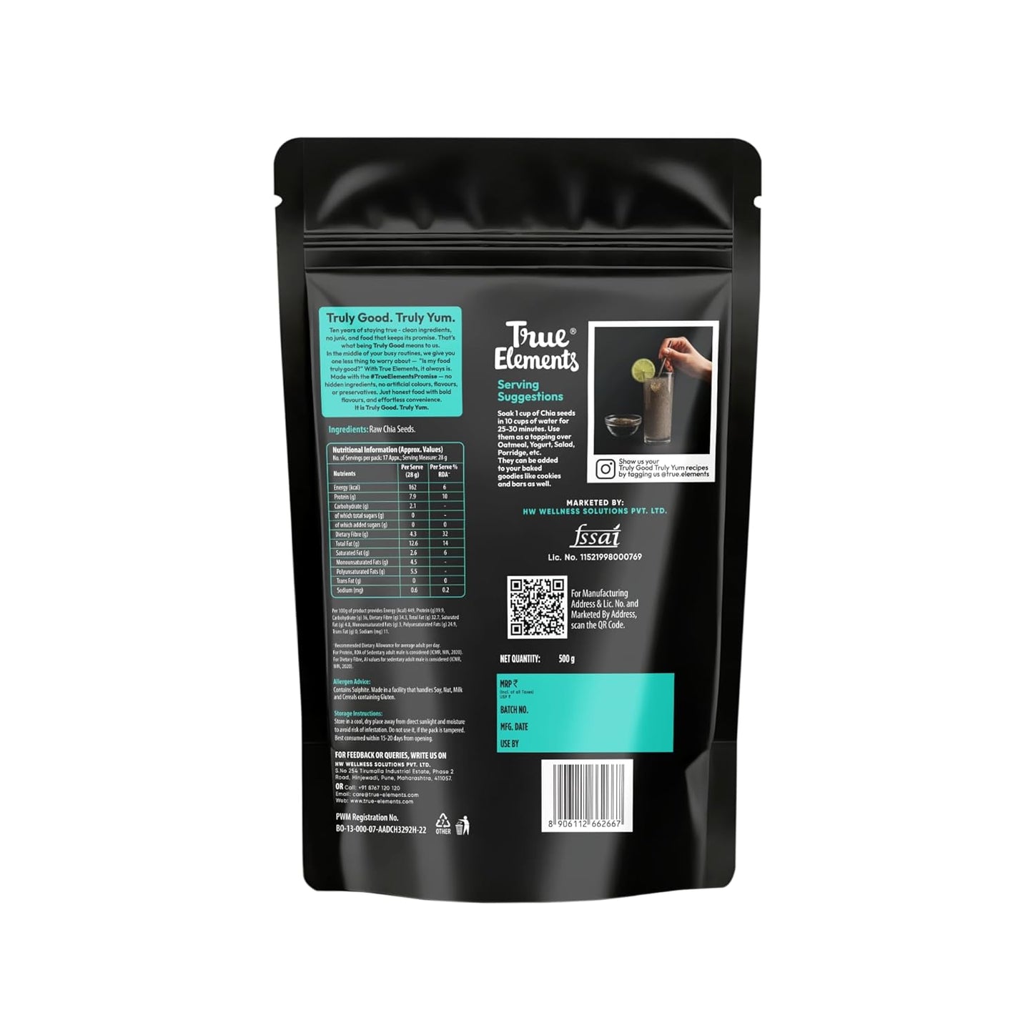 True Elements Raw Chia Seeds 500g - Dirt & Stone Free Premium Chia Seeds | 30 days pack | High Fibre & Plant Protein | Helps with Weight Management | Good for Summer Hydration | Super Seeds for Smoothies, Oats & summer Drinks