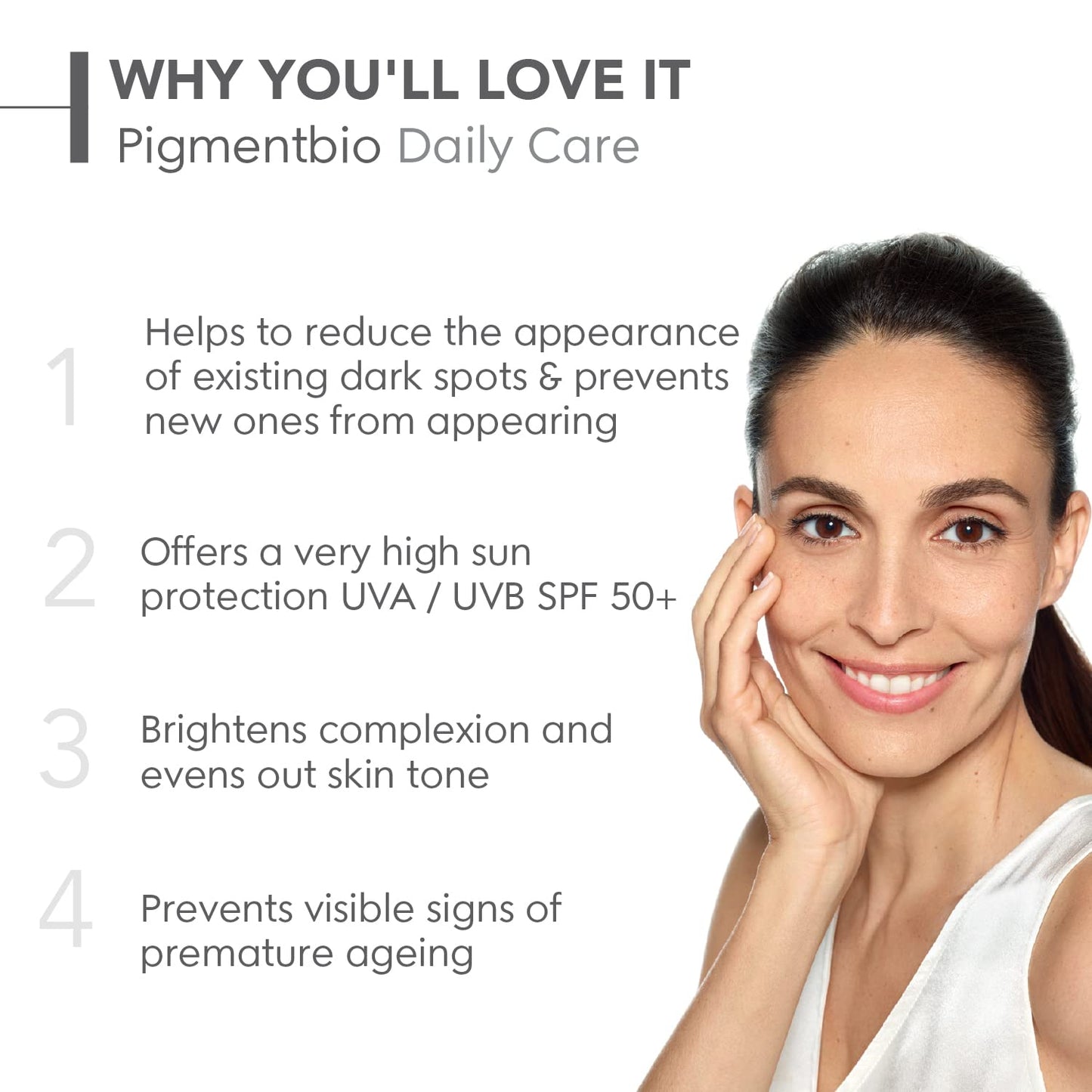 Advertisement for Pigmentbio Daily Care with a woman's face and product benefits listed.