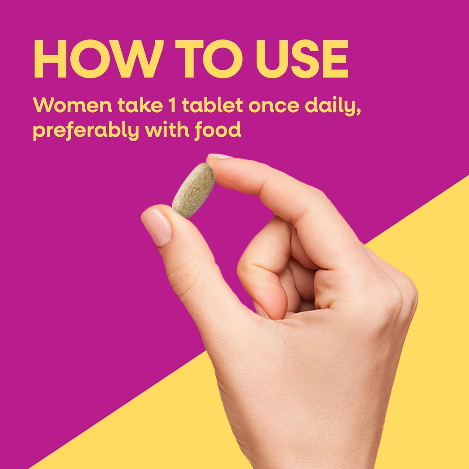 Hand holding a tablet with text on how to use it against a purple and yellow background