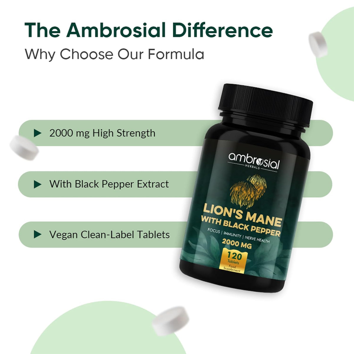 Ambrosial Lion's Mane with Black Pepper supplement bottle on a light green background