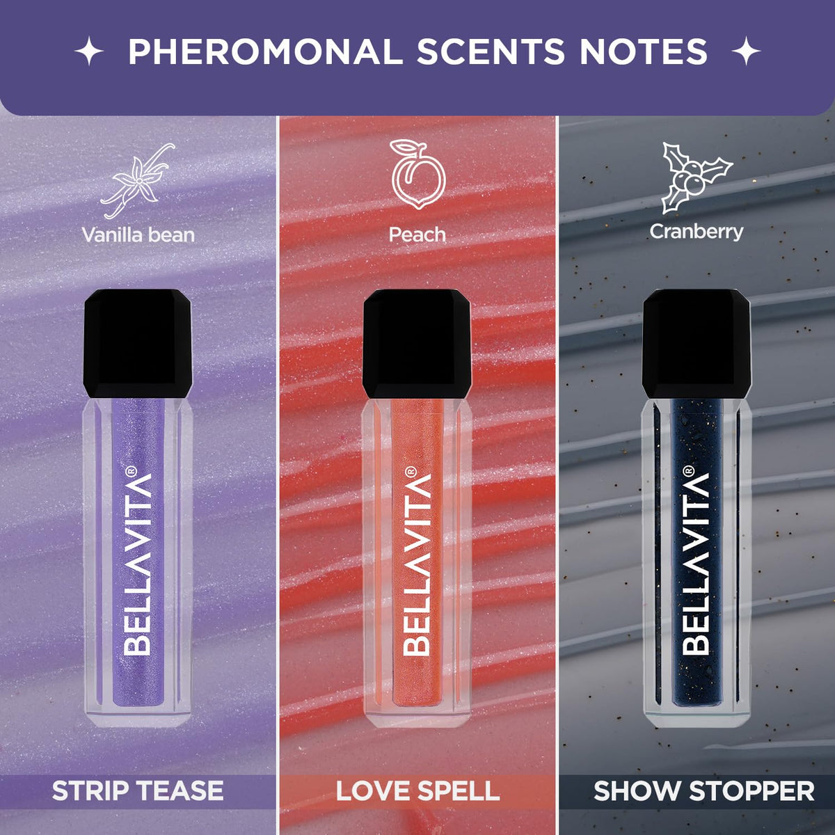 Three Bellavita scented products with labels for Vanilla bean, Peach, and Cranberry on a gradient background.