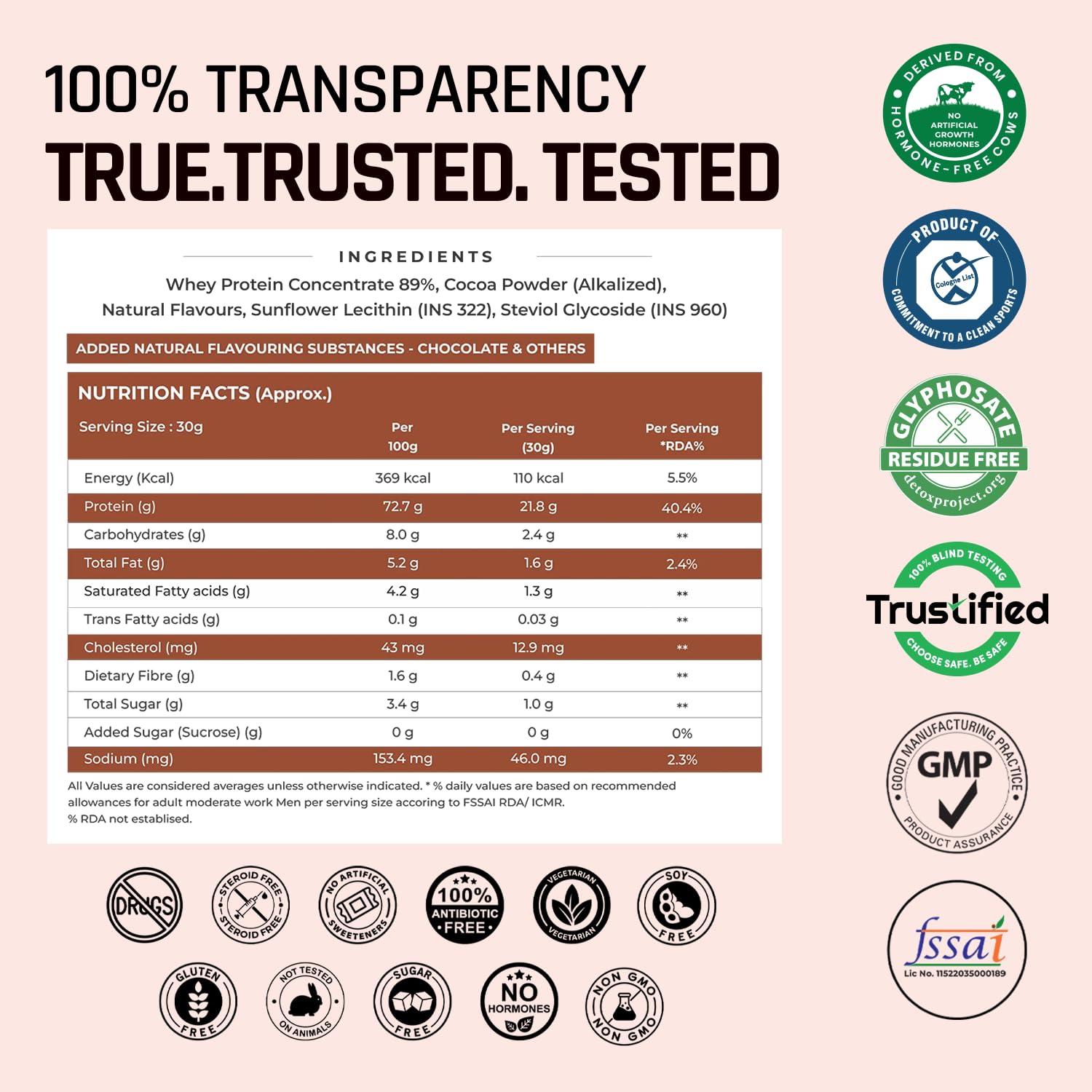 Nutritional label and certification logos on a pink background