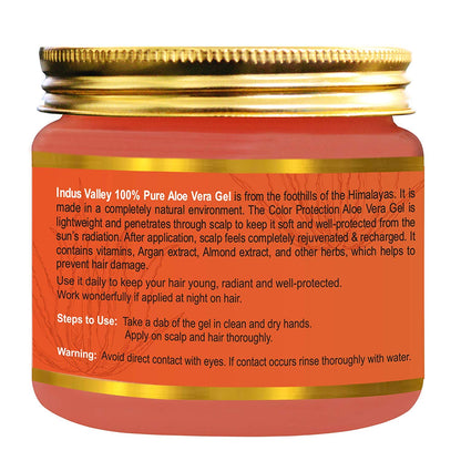Jar of Indus Valley 100% Pure Aloe Vera Gel with gold lid and orange label.