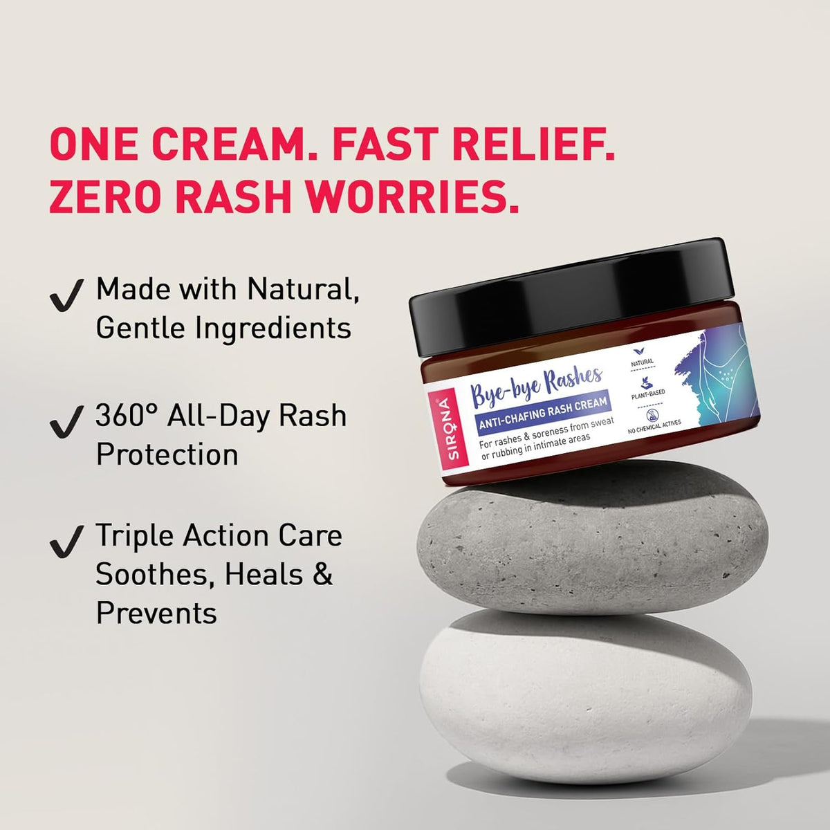 Jar of Chirona anti-chafing rash cream with text highlighting its benefits on a light gray background.