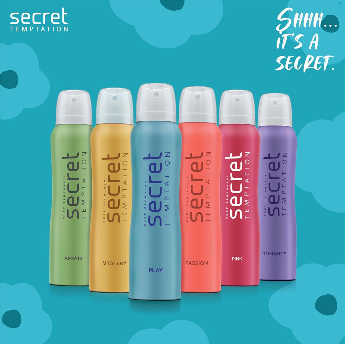 Secret Temptation deodorant bottles in various colors on a blue background with floral patterns.