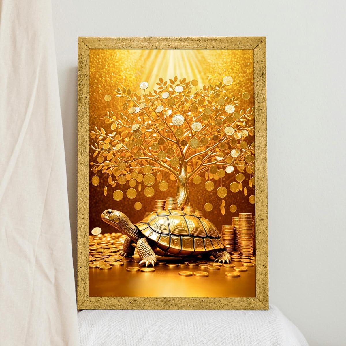 Money Tree Painting For Vastu, Golden Money Tree Frame For Wall, 12.0 x 18.0 inch, Multicolorm, Set of 1