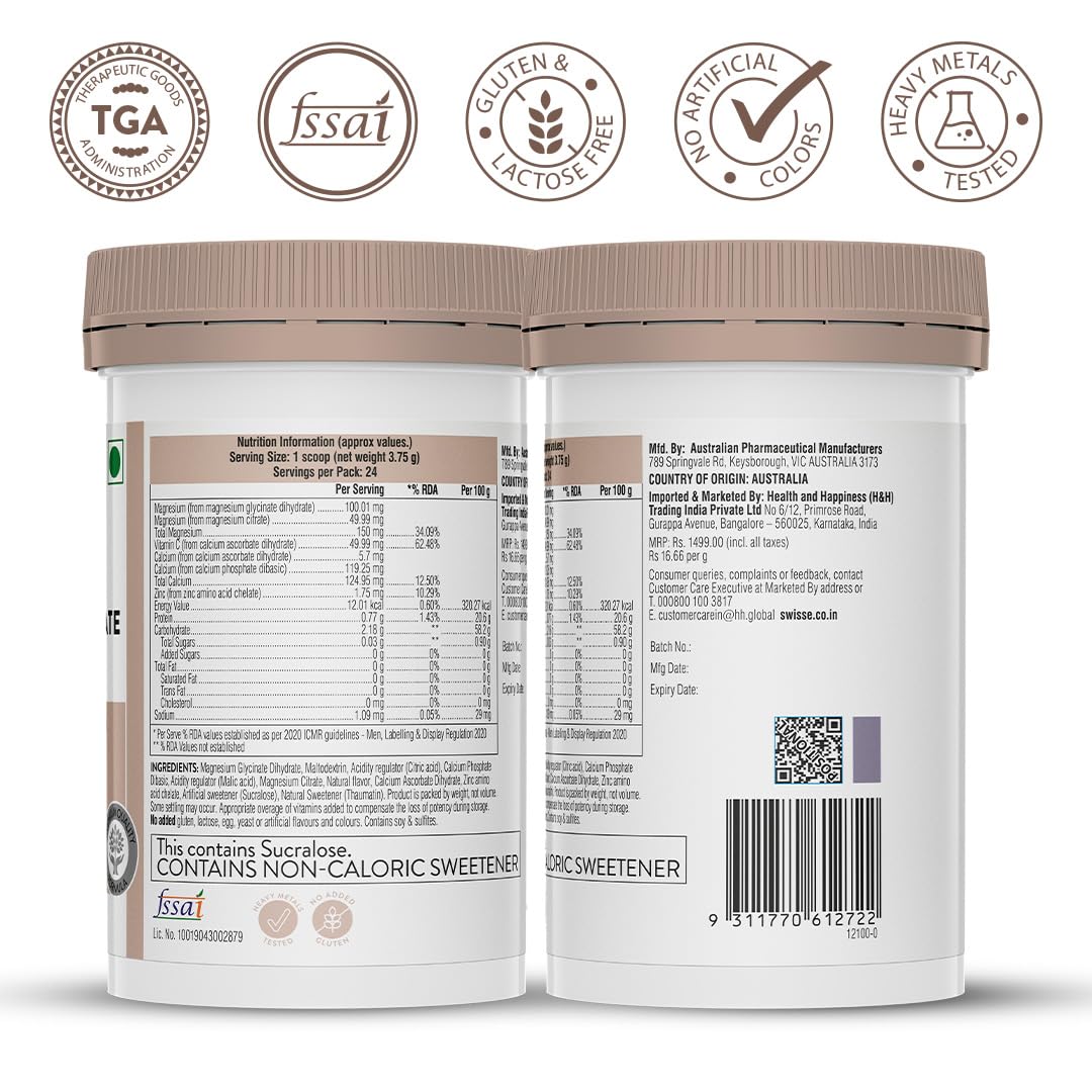 Zephivo Swisse Magnesium Glycinate & Citrate Powder - Maximum Absorption (Australia's No.1 Magnesium Supplement, Manufactured In Australia) Supports Muscle Health, Post Workout Muscle Recovery & Restful Sleep - 90Gm