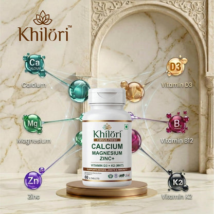 Khilöri Calcium Supplement for Men and Women with Magnesium, Zinc, Vitamin D3, K2 MK7 & B12 Tablets | Plant Based Calcium Citrate Malate for Strong Bones, Joint Mobility & Muscle Recovery | 60 N (60 Tablets)