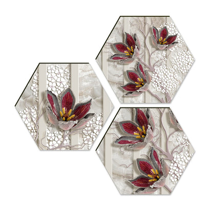 Floral Wall Painting For Living Room Hexagonal Set of 3 (C)