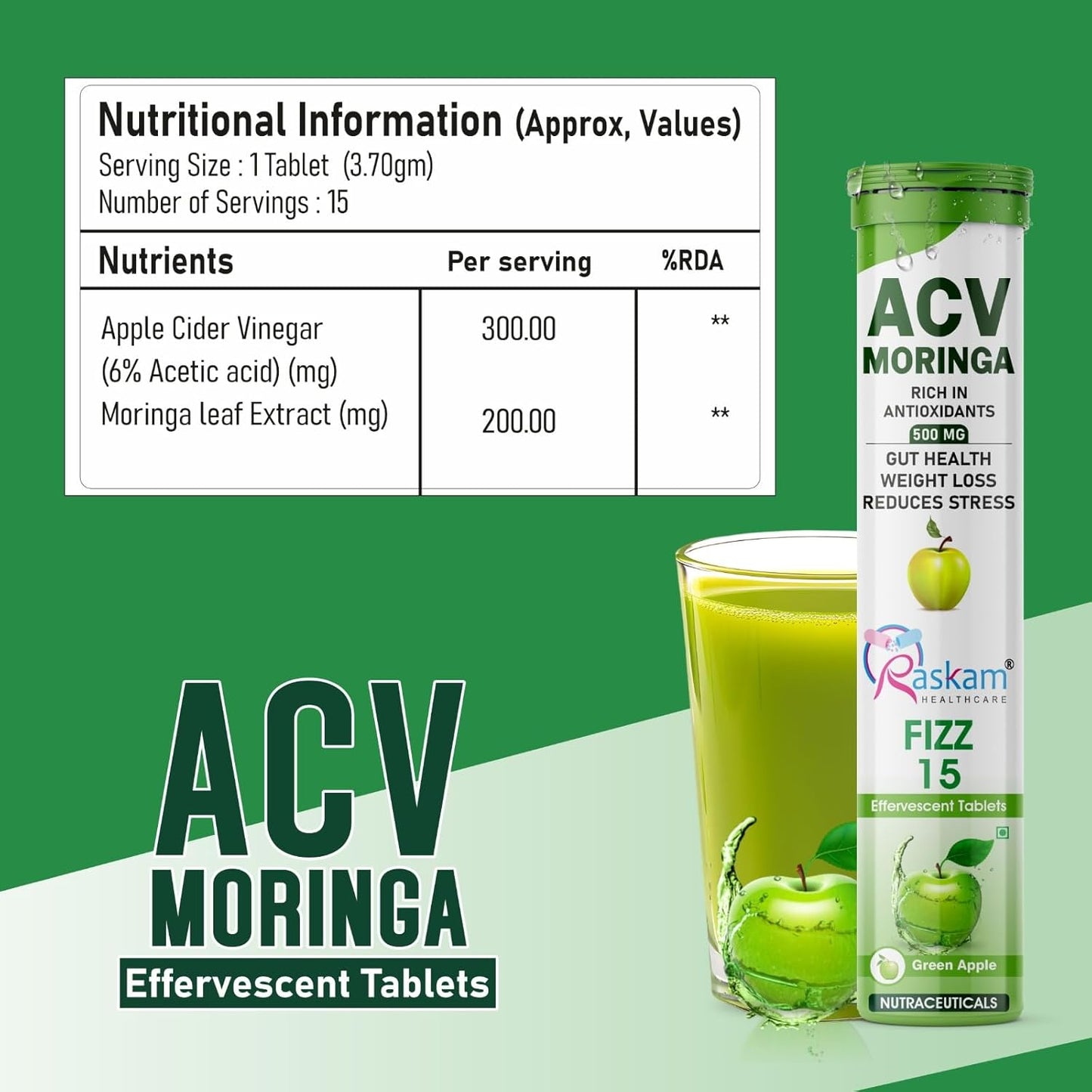ACV Moringa Effervescent Tablets | Fizz 15 Tablets in Green Apple Flavor, 500mg| Natural Energy & Immunity Booster with Antioxidants to Control Cravings (Pack of 1)