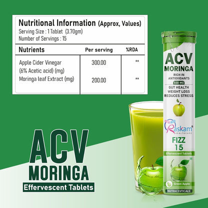 ACV Moringa Effervescent Tablets | Fizz 15 Tablets in Green Apple Flavor, 500mg| Natural Energy & Immunity Booster with Antioxidants to Control Cravings (Pack of 1)