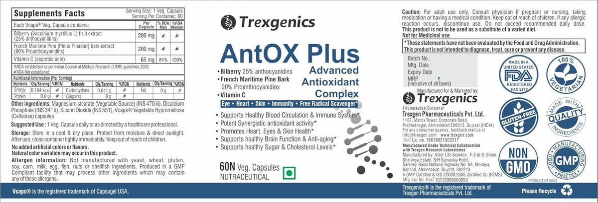 Trexgenics AntOX Plus supplement label with various logos and text on a white background