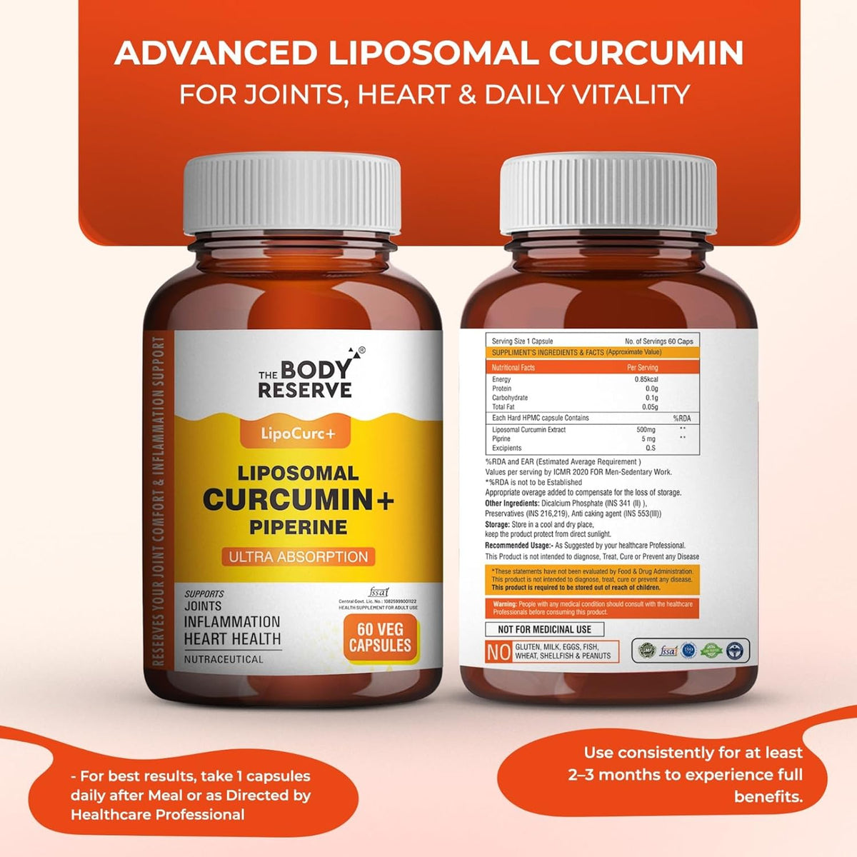 Two bottles of The Body Reserve LipoCure+ Liposomal Curcumin + Piperine on a light background with promotional text.