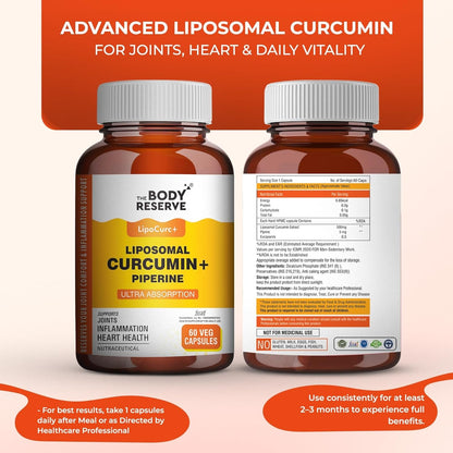 Two bottles of The Body Reserve LipoCure+ Liposomal Curcumin + Piperine on a light background with promotional text.