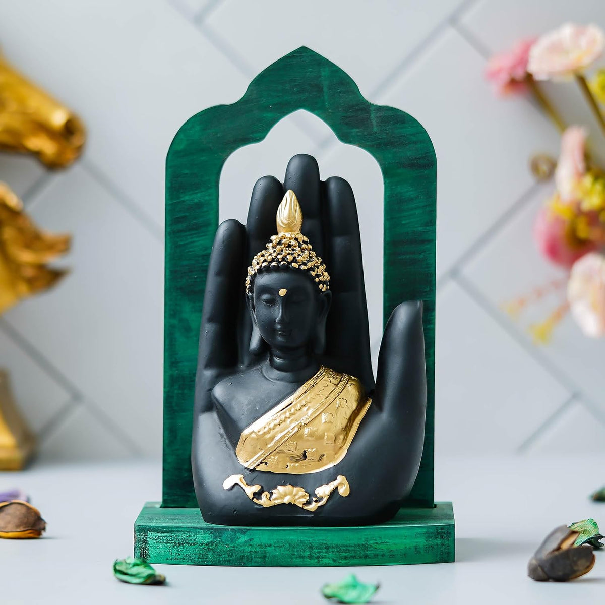 Palm Buddha Statue Showpiece for Home Decor Living Room Office Desk (Green Black Golden)| Lord Buddha Idol Gift for Diwali Buddha Purnima Housewarming Birthday