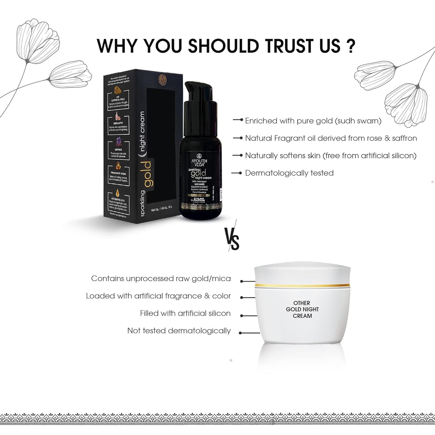 Ayouthveda Sparkling Gold Night Cream | 24K Nano Gold & Kashmiri Saffron | Reduces Fine Lines, Wrinkles & Dark Spots | Restores Skin Firmness & Elasticity | Overnight Anti-Ageing Face Cream (30g (Pack of 1))