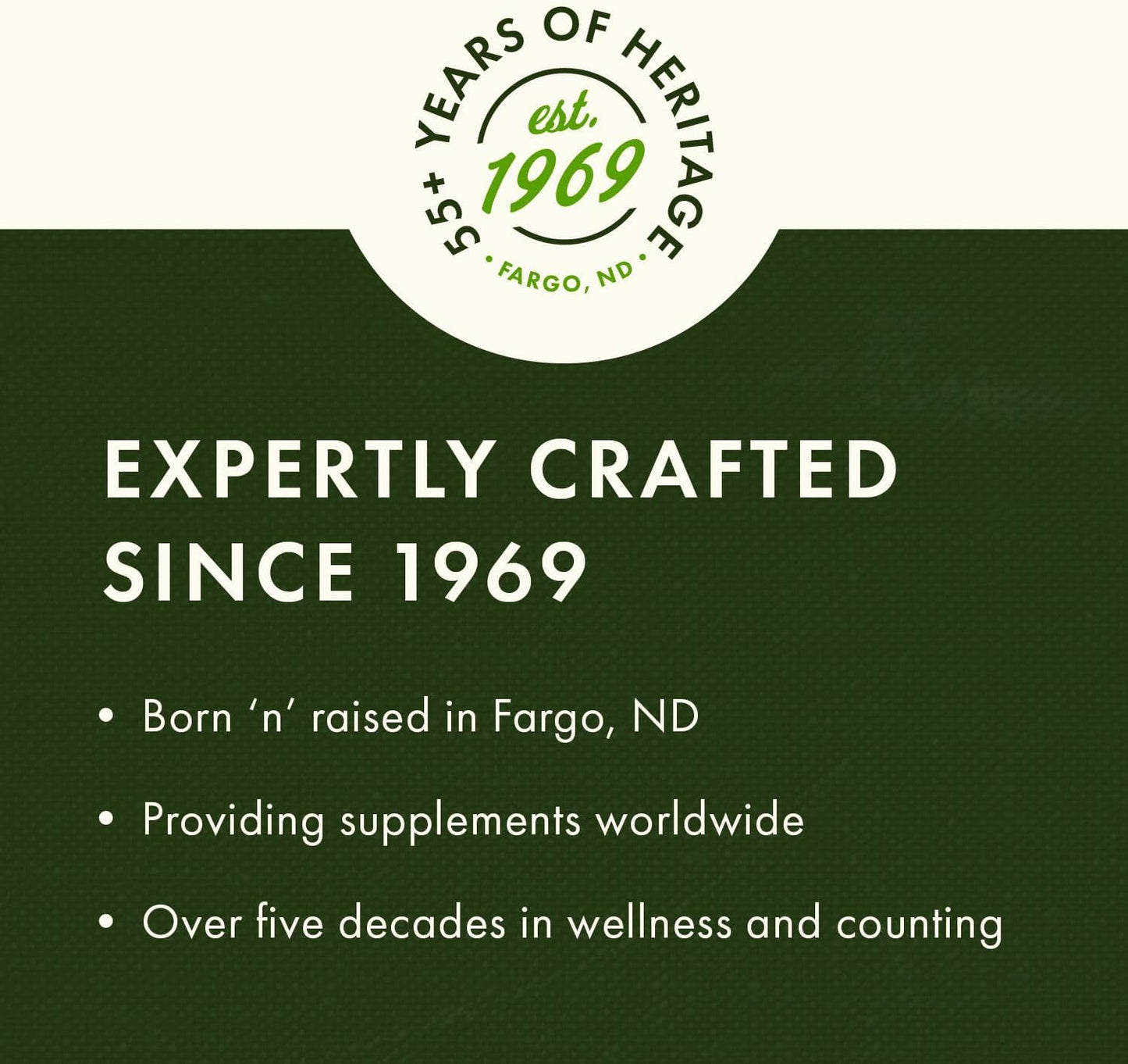 Green banner with text about a company's heritage and expertise in supplements, featuring a circular logo with 'est. 1969' on a white background.