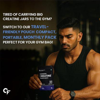 Muscular man holding a creatine supplement package with promotional text about a travel-friendly packaging solution.